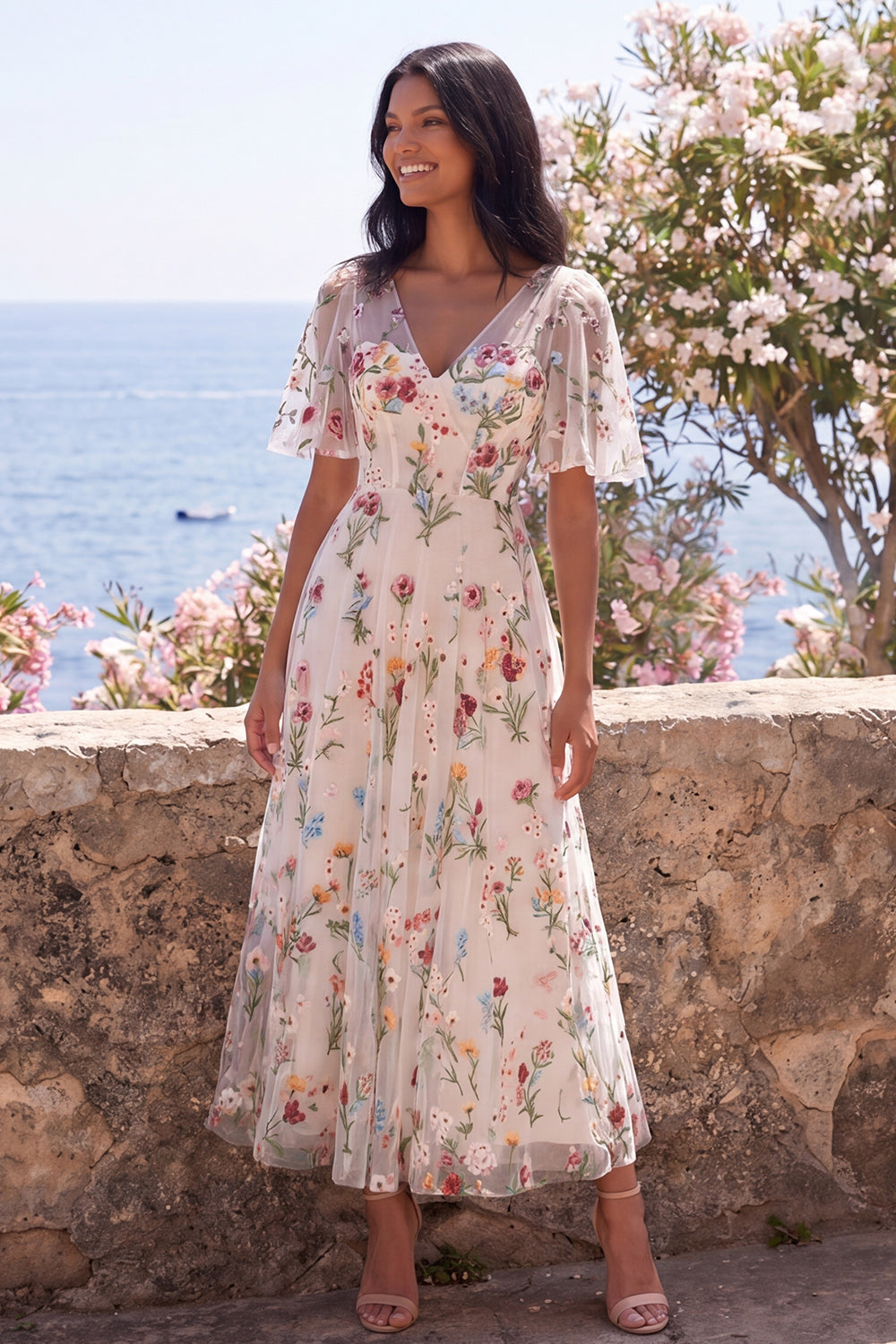 Corset A Line Ivory V-Neck Floral Maxi Wedding Guest Dress