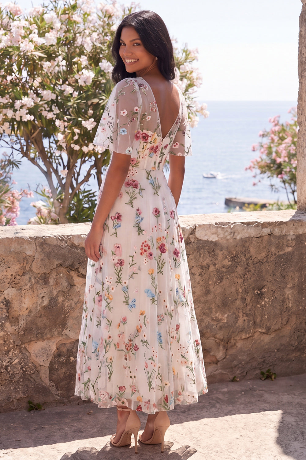Corset A Line Ivory V-Neck Floral Maxi Wedding Guest Dress