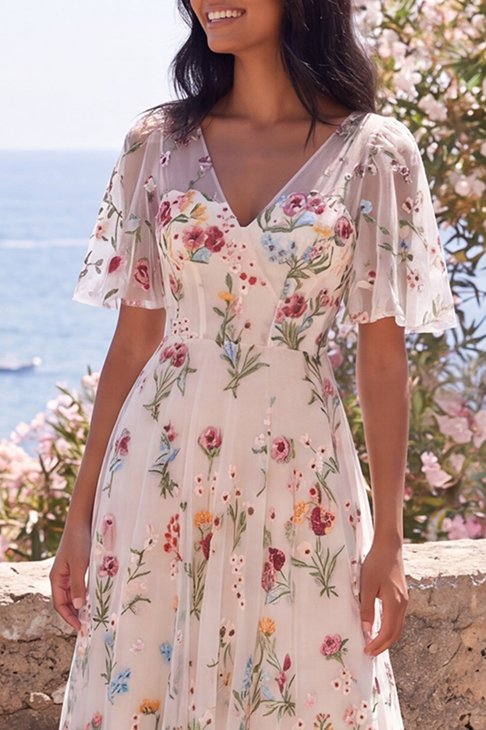 Corset A Line Ivory V-Neck Floral Maxi Wedding Guest Dress
