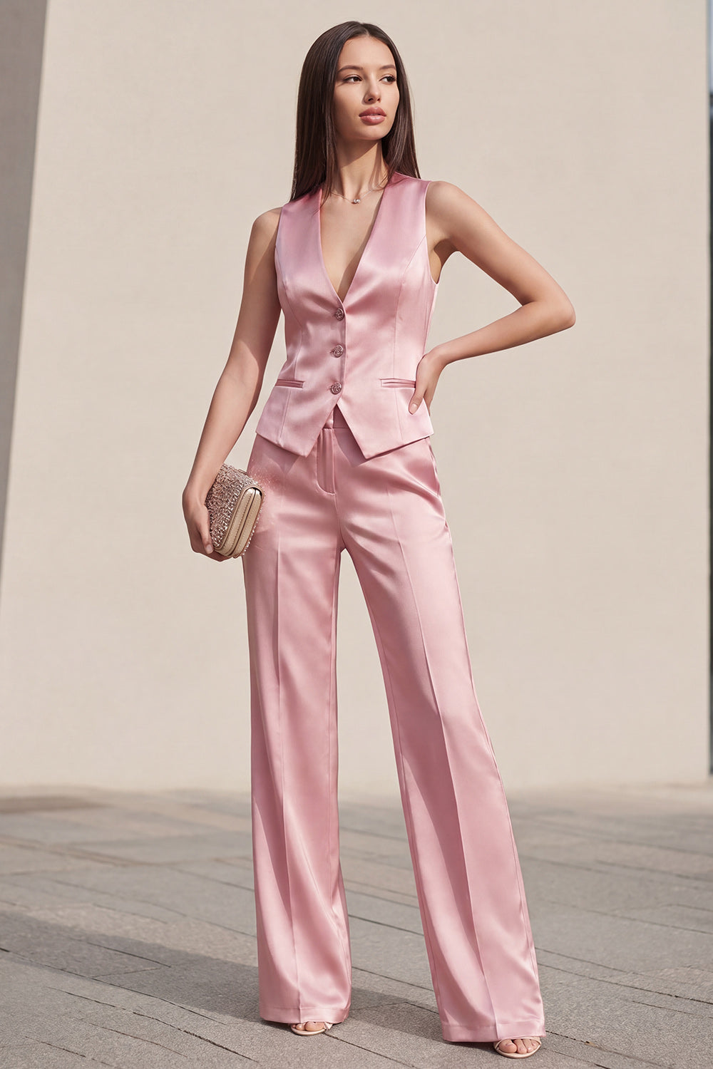 Pink 2 Piece Single Breasted V-Neck Wide Leg Business Suits