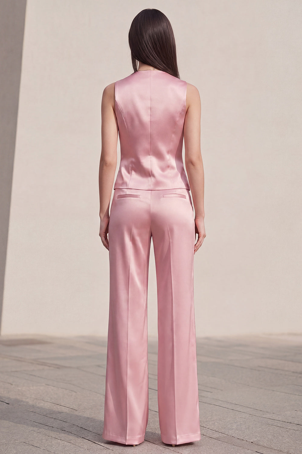 Pink 2 Piece Single Breasted V-Neck Wide Leg Business Suits