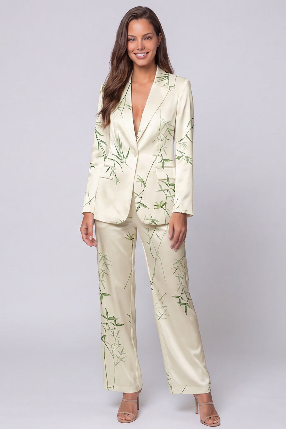 Light Green 2 Piece Notched Lapel Leaves Printed Single Breasted Long Sleeves Business Suits