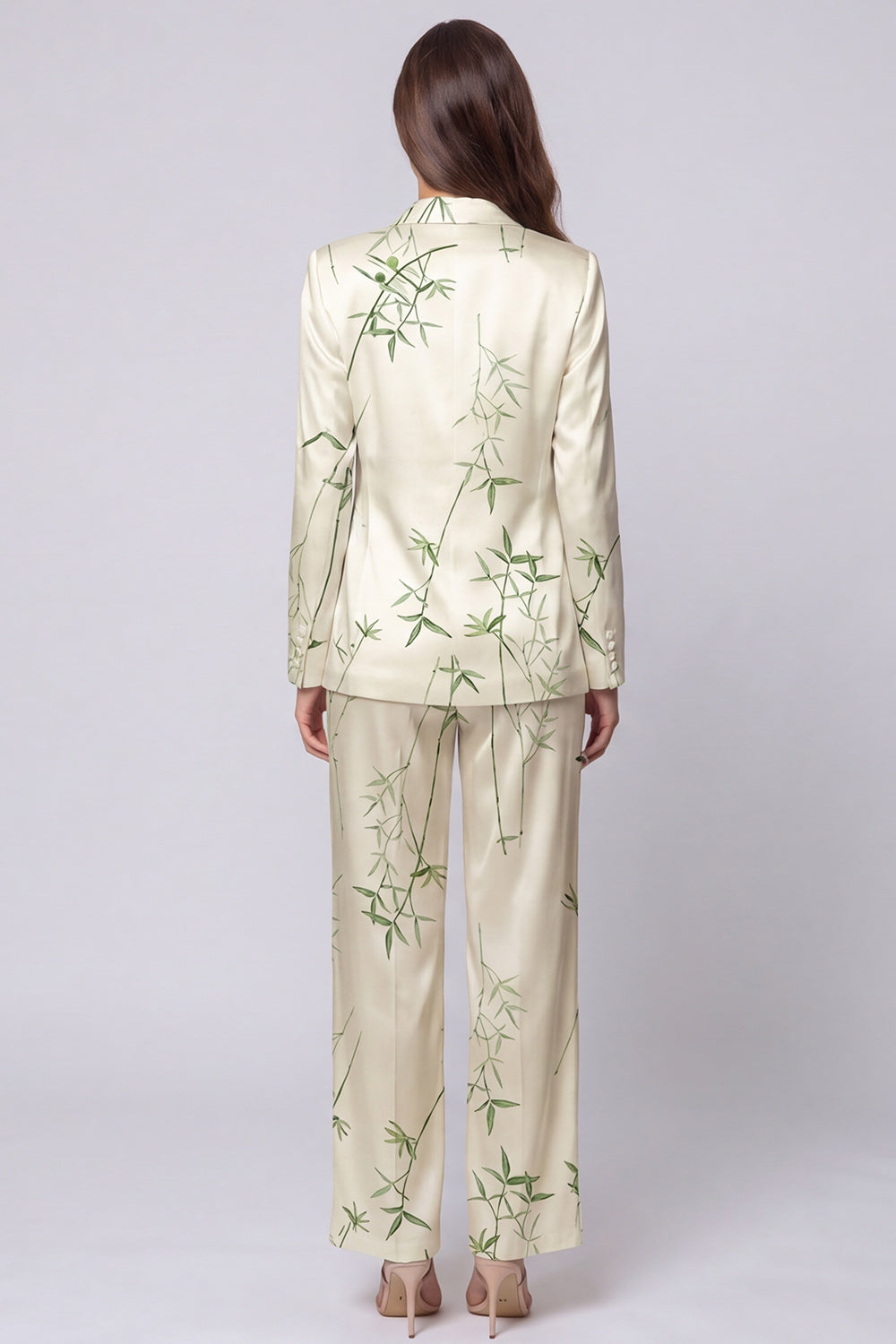 Light Green 2 Piece Notched Lapel Leaves Printed Single Breasted Long Sleeves Business Suits