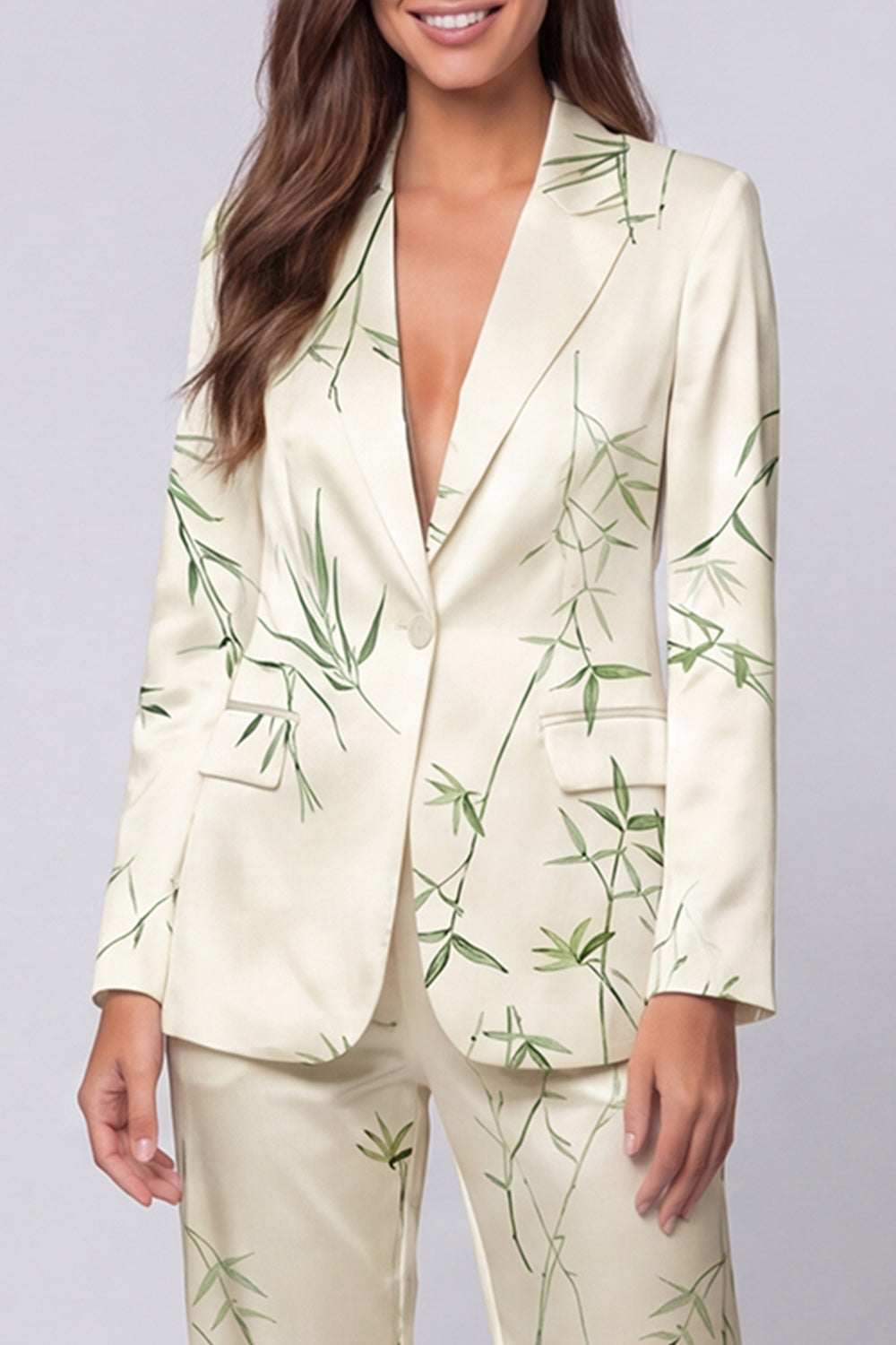 Light Green 2 Piece Notched Lapel Leaves Printed Single Breasted Long Sleeves Business Suits