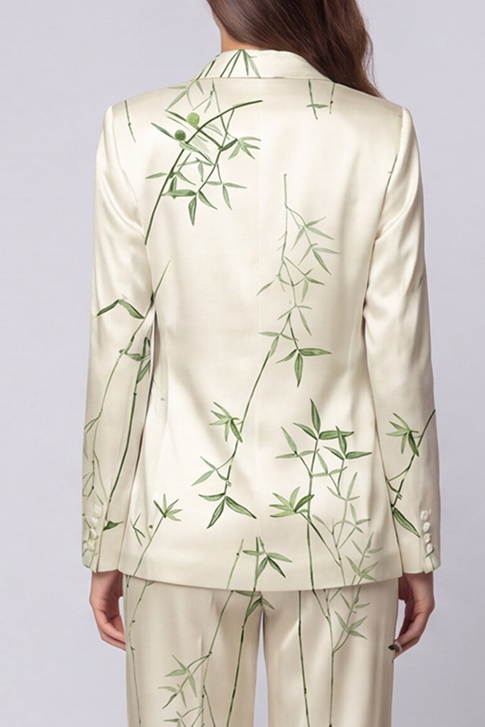 Light Green 2 Piece Notched Lapel Leaves Printed Single Breasted Long Sleeves Business Suits