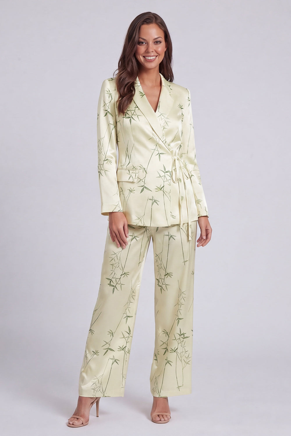 2 Piece Light Green Leaves Printed Notched Lapel Long Sleeves Business Suits