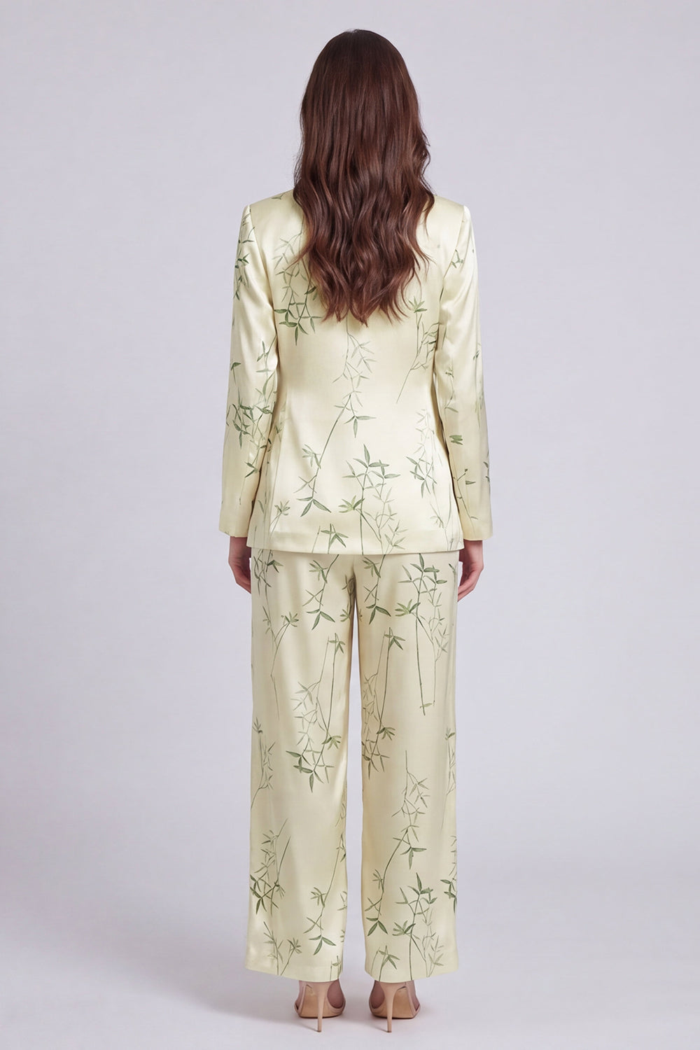 2 Piece Light Green Leaves Printed Notched Lapel Long Sleeves Business Suits
