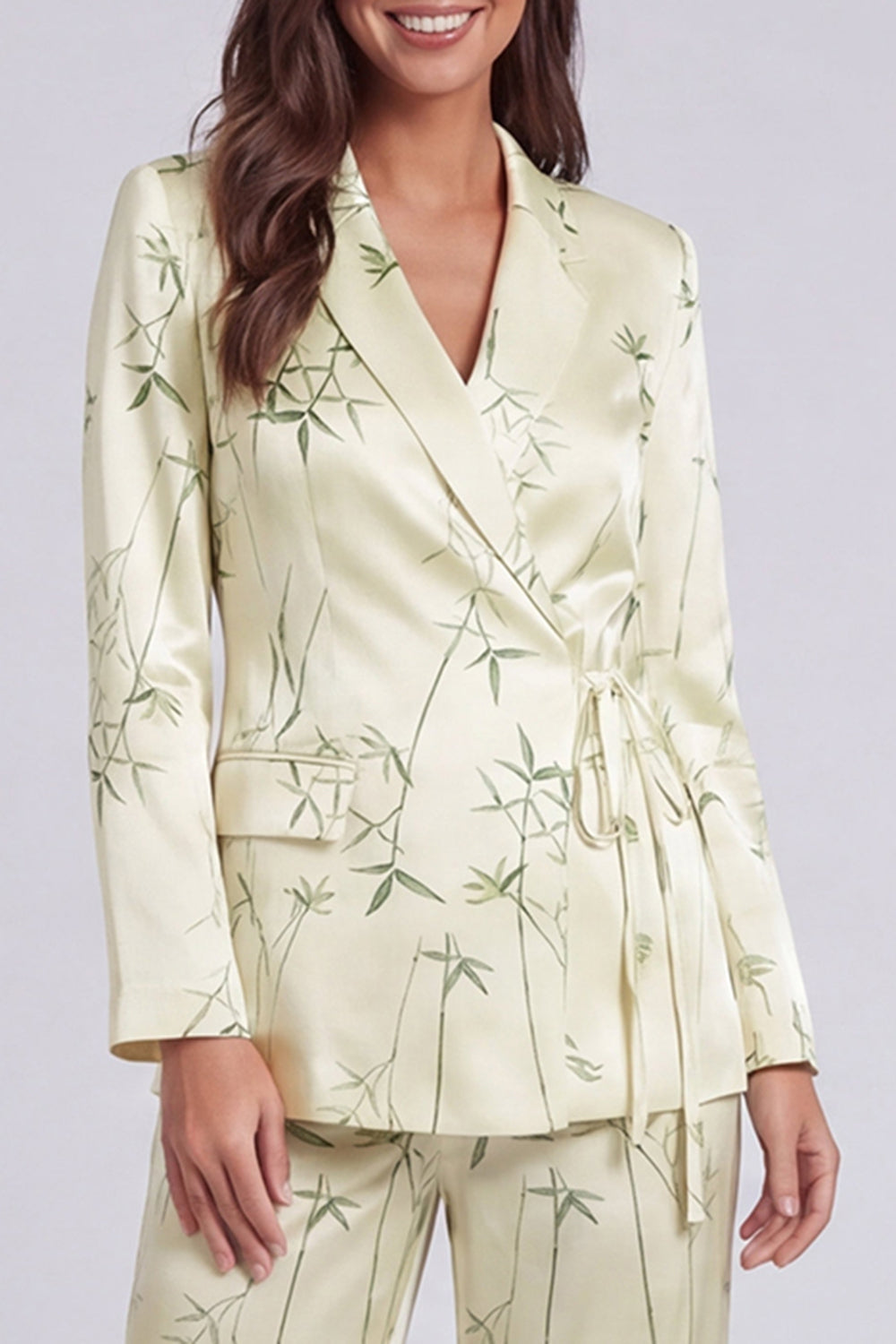 2 Piece Light Green Leaves Printed Notched Lapel Long Sleeves Business Suits