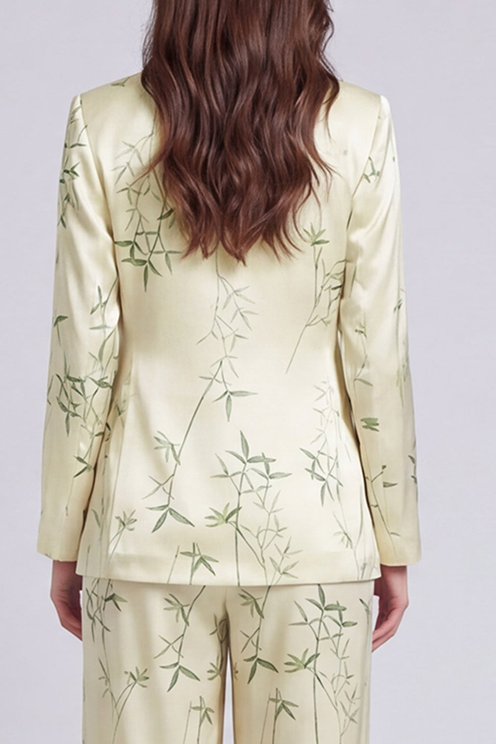 2 Piece Light Green Leaves Printed Notched Lapel Long Sleeves Business Suits
