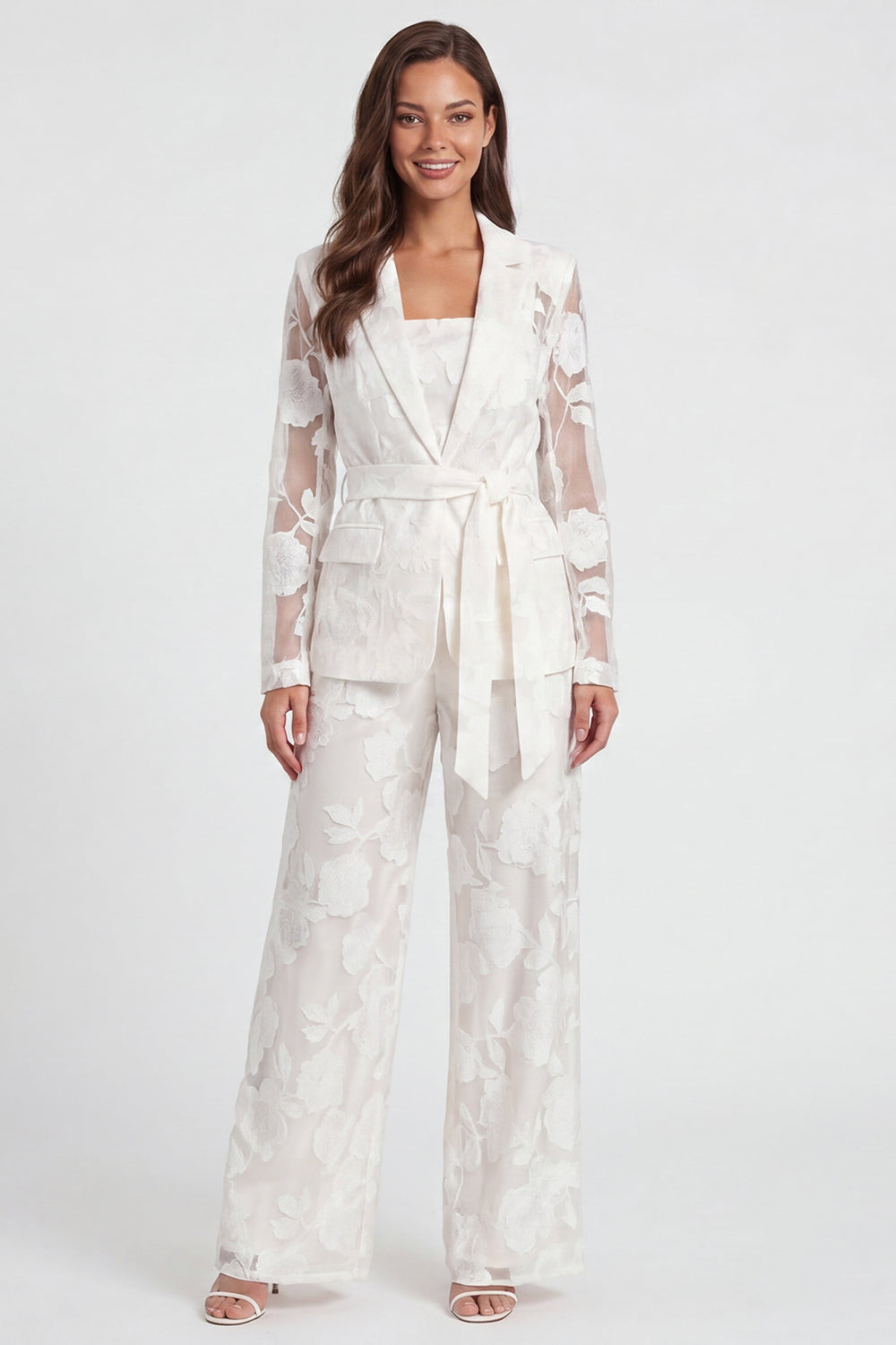 Floral 2 Piece Ivory Lace Notched Lapel Long Sleeves Business Suits with Jackets