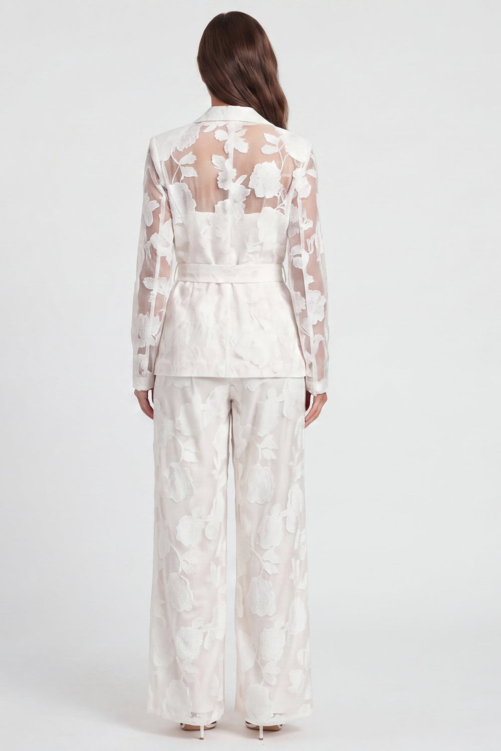 Floral 2 Piece Ivory Lace Notched Lapel Long Sleeves Business Suits with Jackets