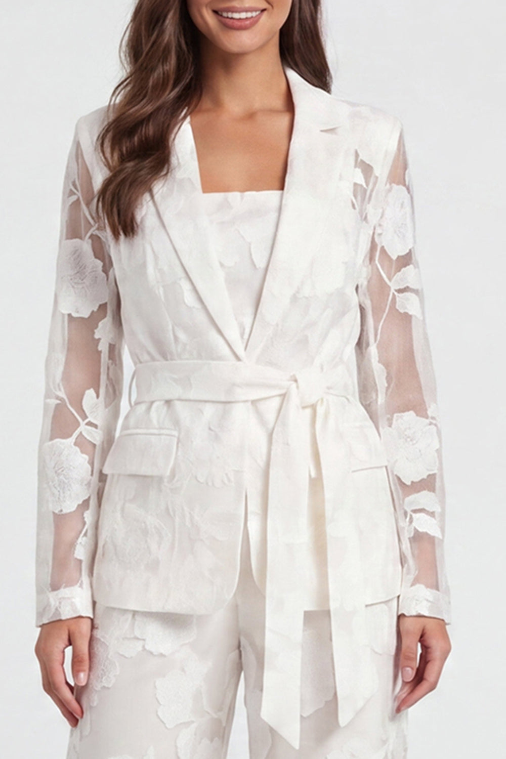 Floral 2 Piece Ivory Lace Notched Lapel Long Sleeves Business Suits with Jackets