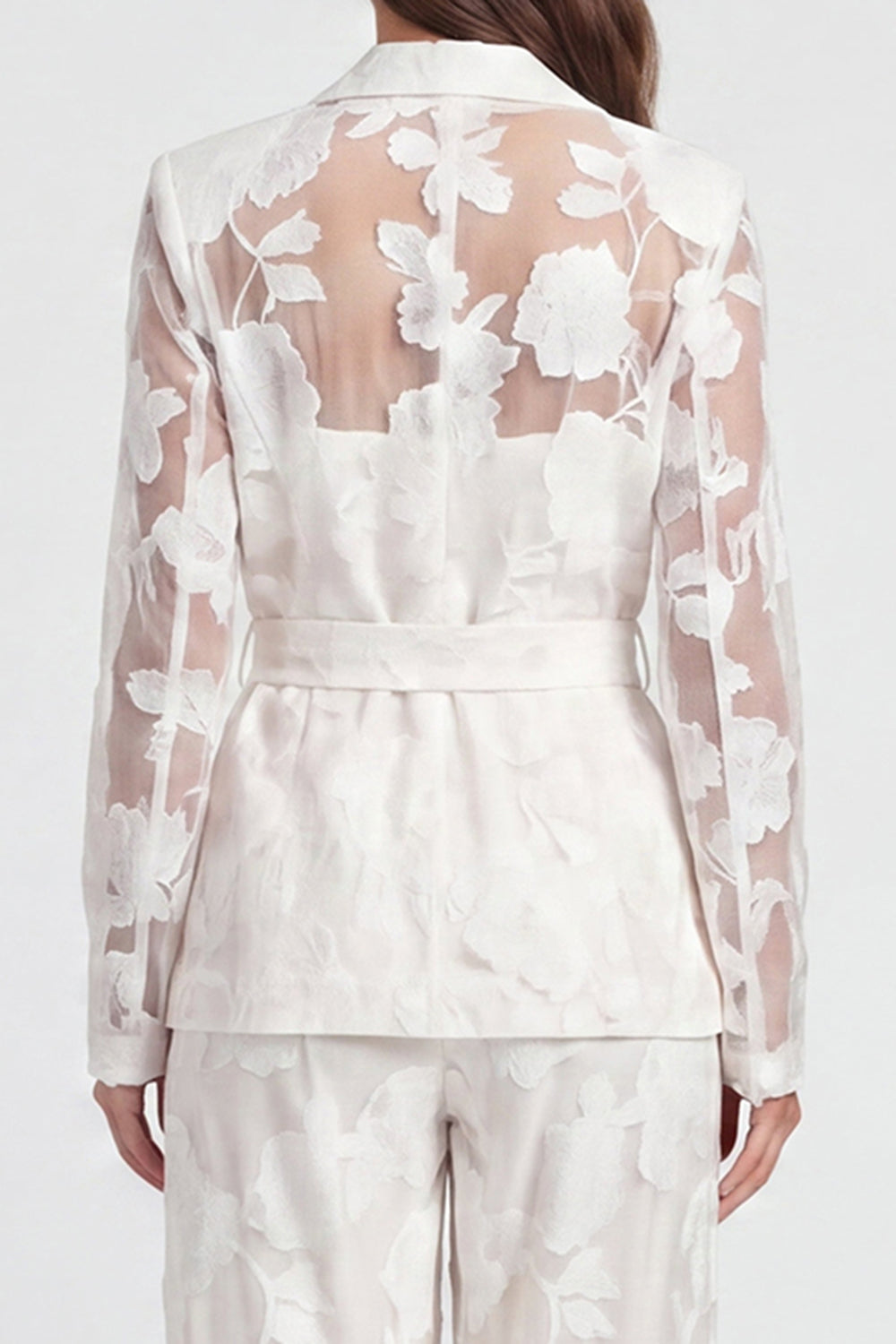 Floral 2 Piece Ivory Lace Notched Lapel Long Sleeves Business Suits with Jackets