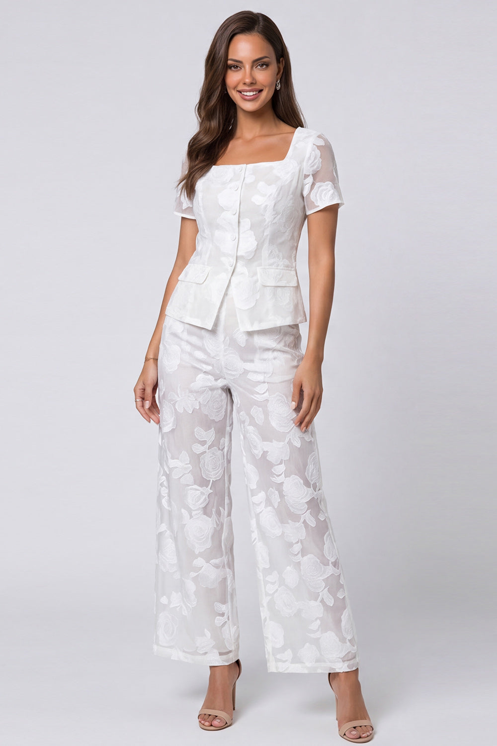 Floral 2 Piece Ivory Square Neck Single Breasted Short Sleeves Business Suits