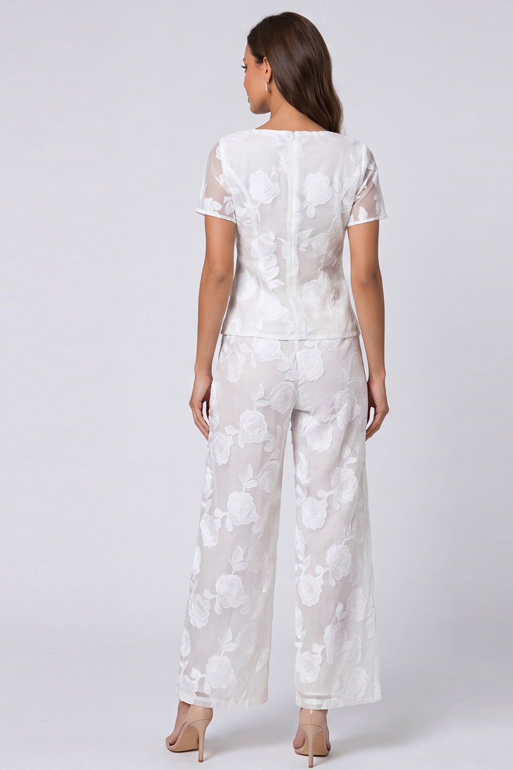 Floral 2 Piece Ivory Square Neck Single Breasted Short Sleeves Business Suits