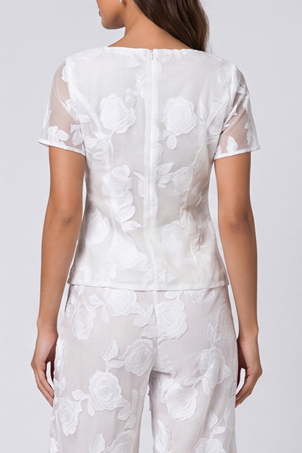 Floral 2 Piece Ivory Square Neck Single Breasted Short Sleeves Business Suits
