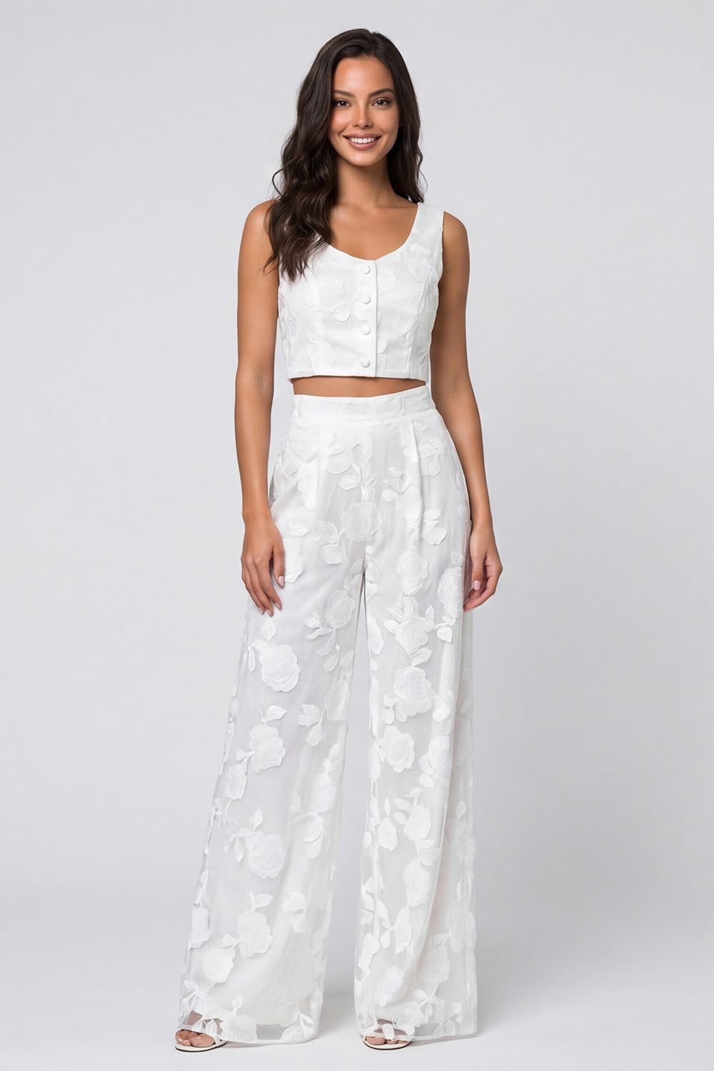Floral 2 Piece Ivory Single Breasted Scoop Sleeveless Business Suits