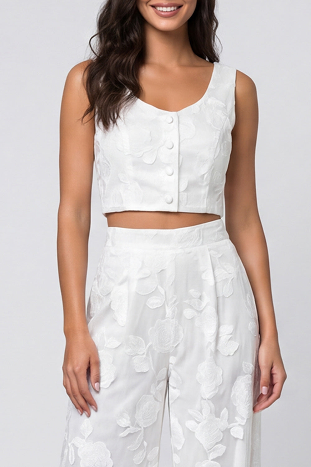 Floral 2 Piece Ivory Single Breasted Scoop Sleeveless Business Suits