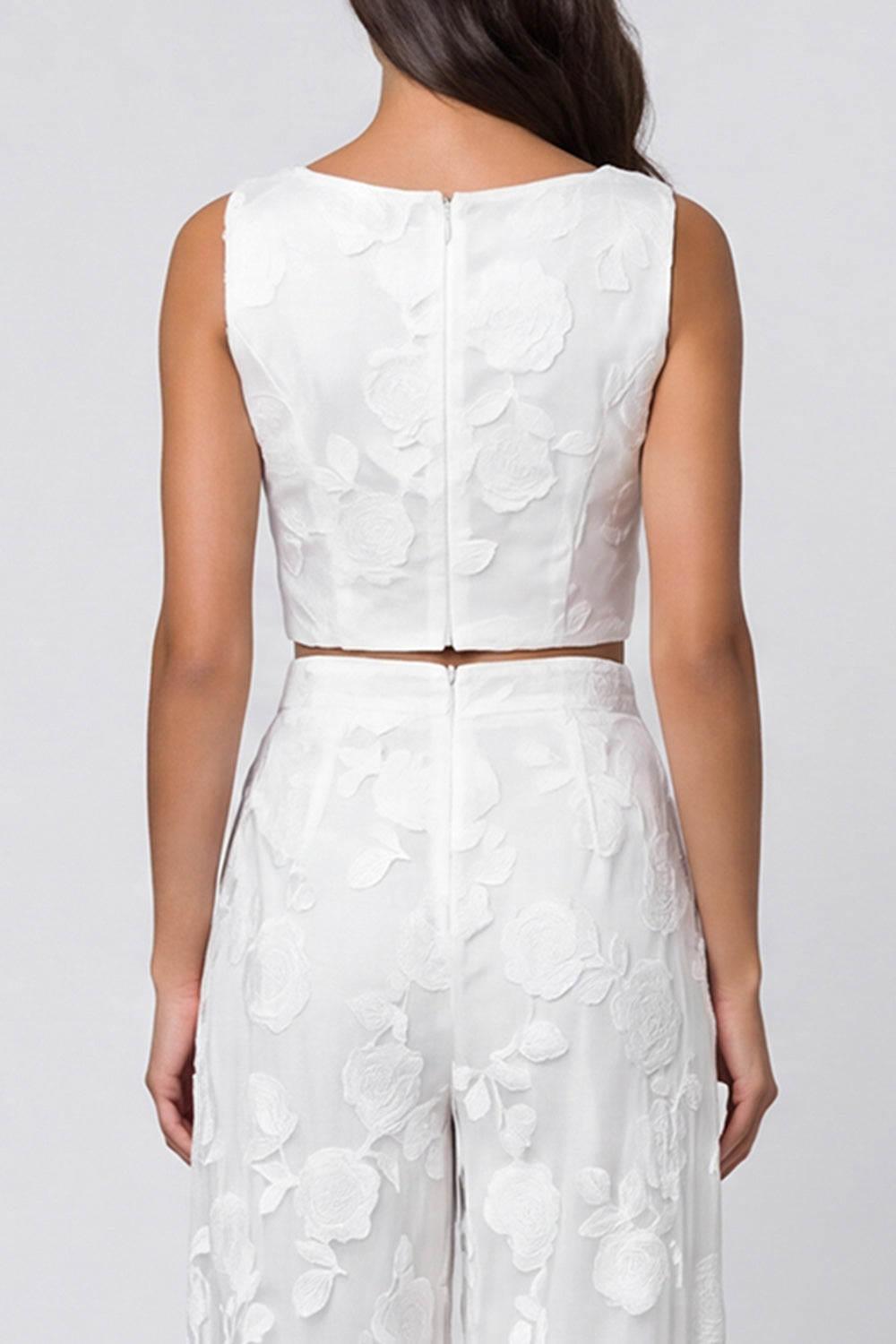 Floral 2 Piece Ivory Single Breasted Scoop Sleeveless Business Suits