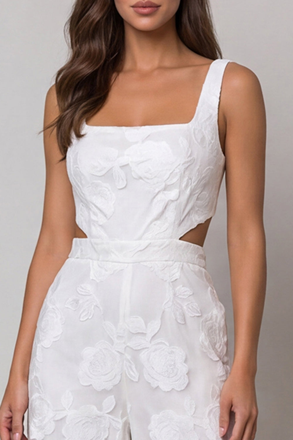 Floral Ivory Cut Out Square Neck Wide Leg Lace Work Jumpsuits