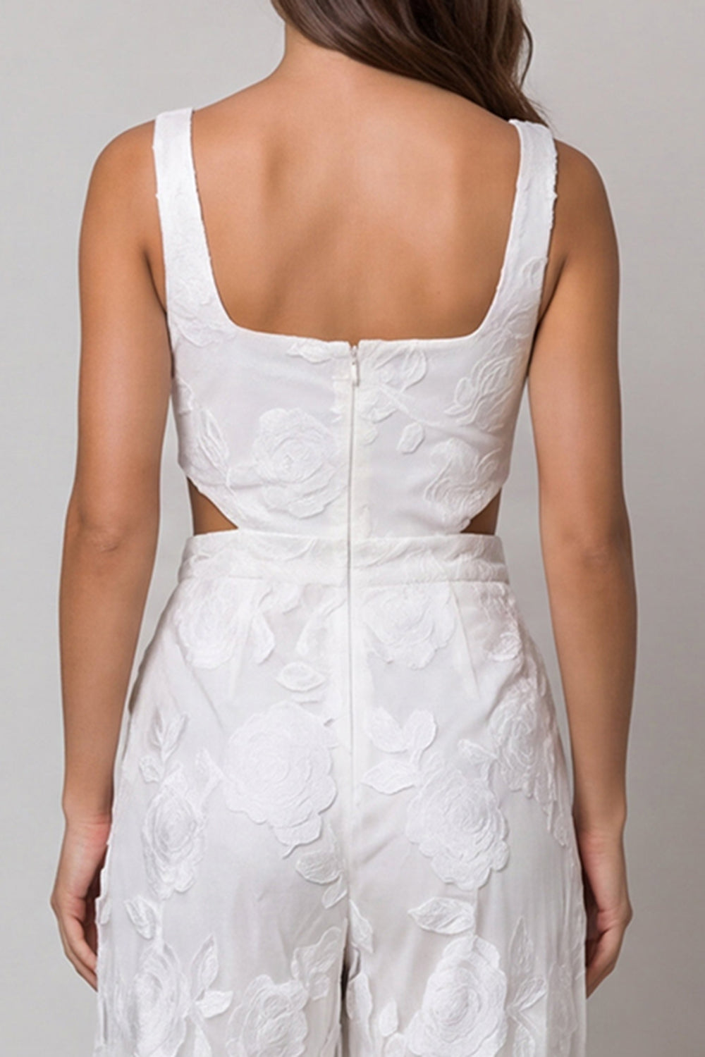Floral Ivory Cut Out Square Neck Wide Leg Lace Work Jumpsuits