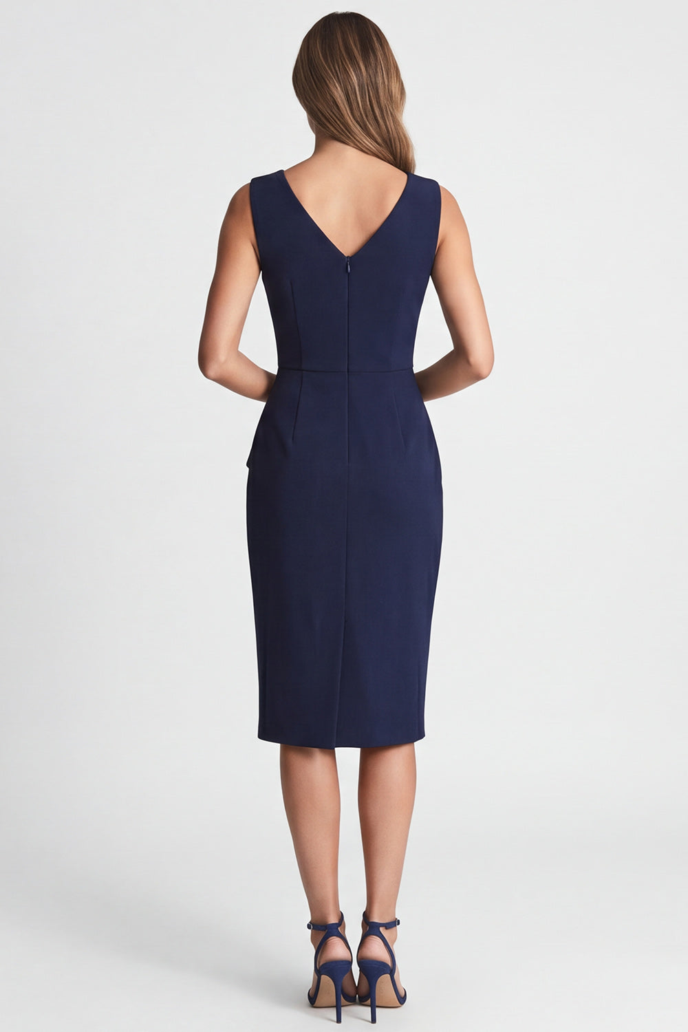 Navy Ruched Bodycon V-Neck Midi Work Dress with Slit