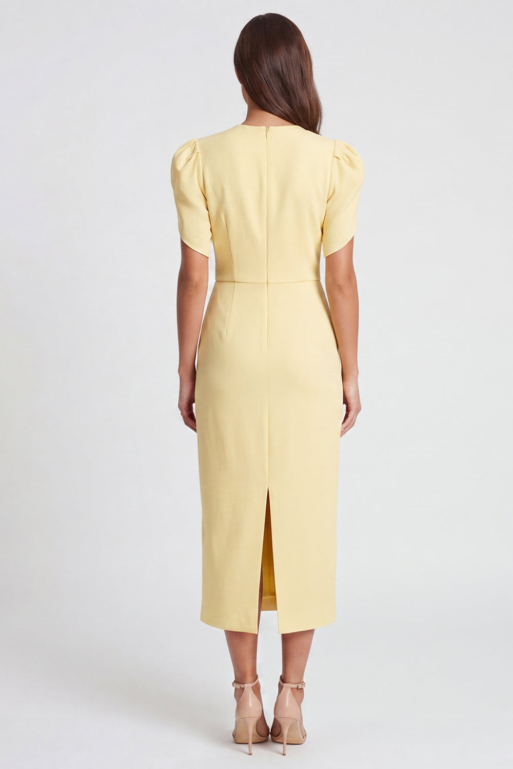 Light Yellow Pencil V-Neck Ruched Long Work Dress with Sleeves