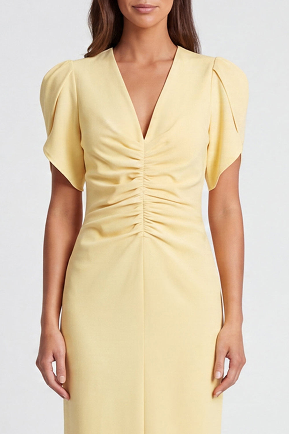 Light Yellow Pencil V-Neck Ruched Long Work Dress with Sleeves