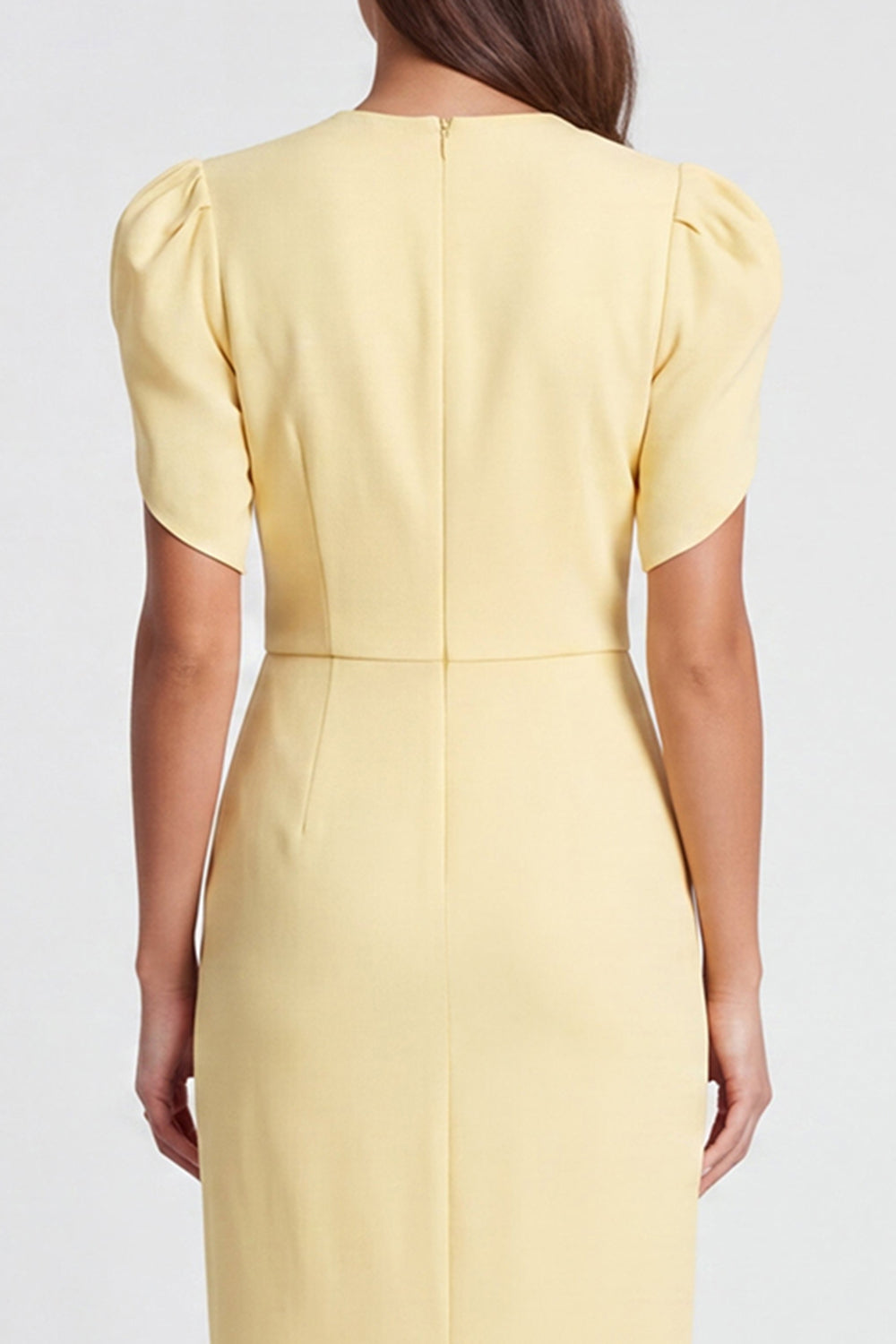 Light Yellow Pencil V-Neck Ruched Long Work Dress with Sleeves