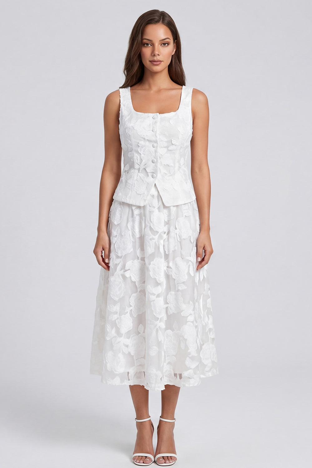 Ivory 2 Piece Single Breasted Square Neck Floral Long Work Dress