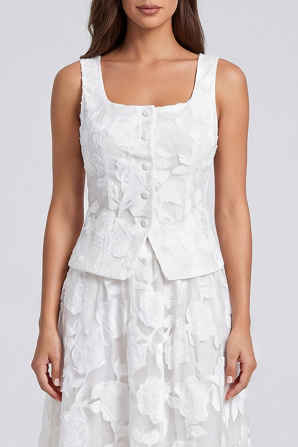 Ivory 2 Piece Single Breasted Square Neck Floral Long Work Dress