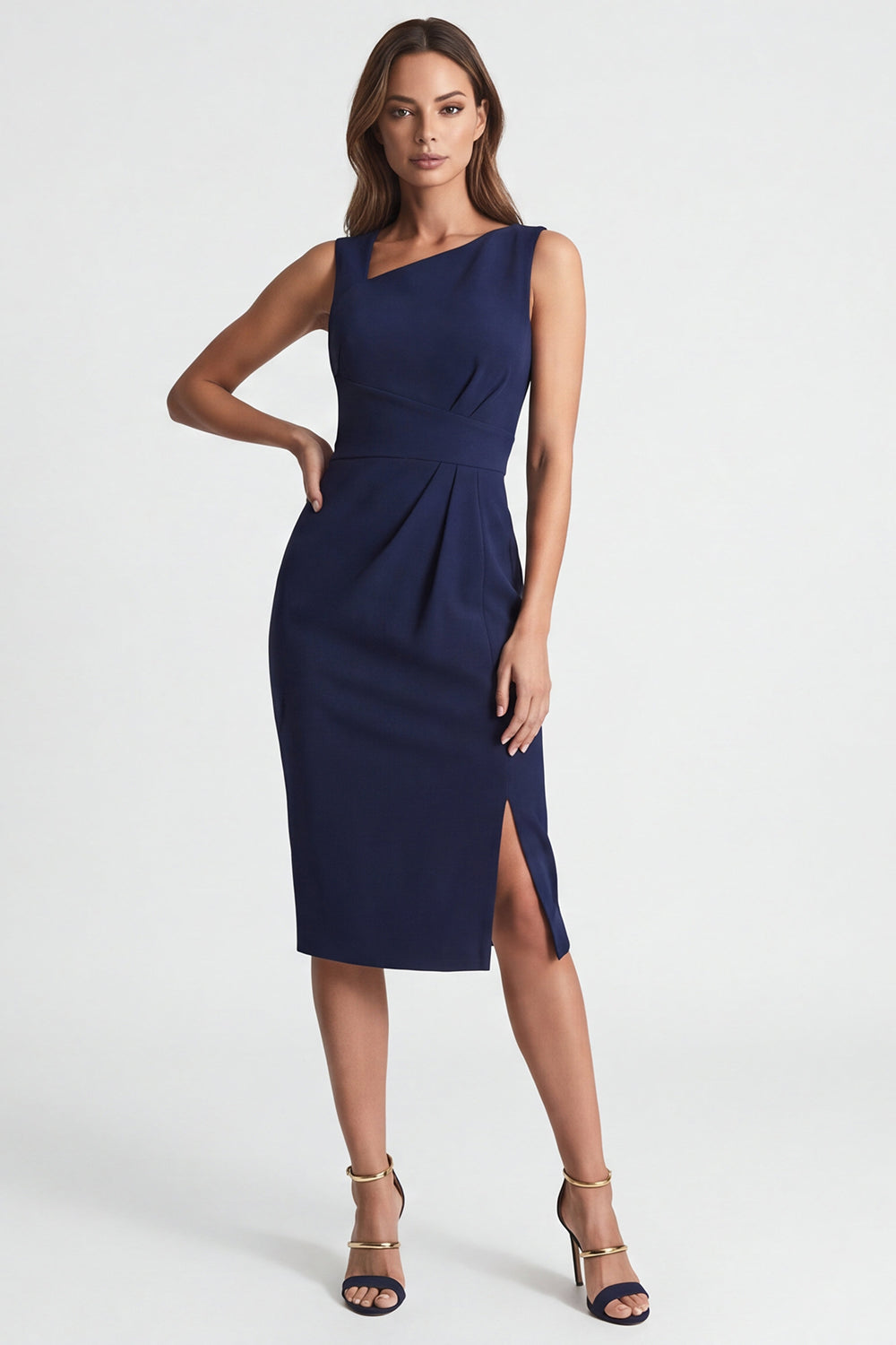 Navy Ruched Asymmetrical Neck Midi Work Dress with Slit