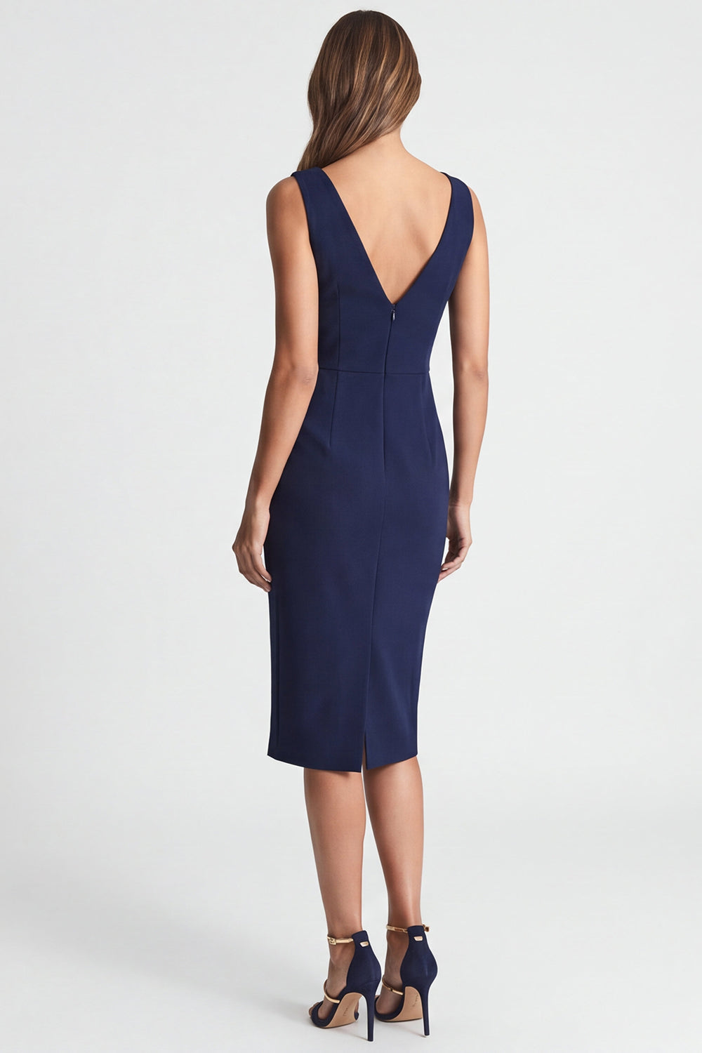 Navy Ruched Asymmetrical Neck Midi Work Dress with Slit