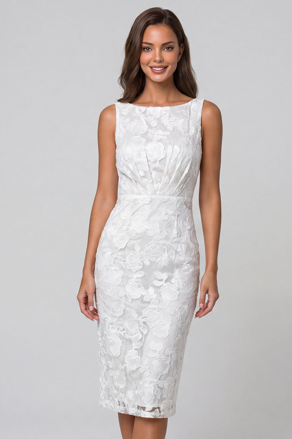 Ivory Floral Lace Boat Neck Ruched Pencil Midi Work Dress
