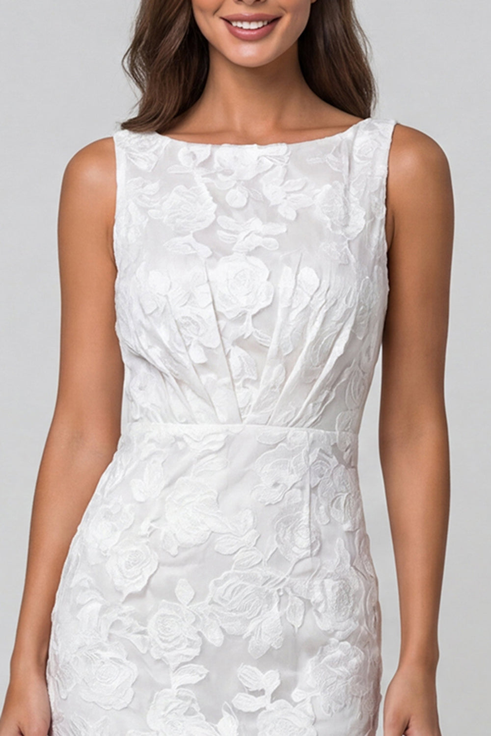 Ivory Floral Lace Boat Neck Ruched Pencil Midi Work Dress
