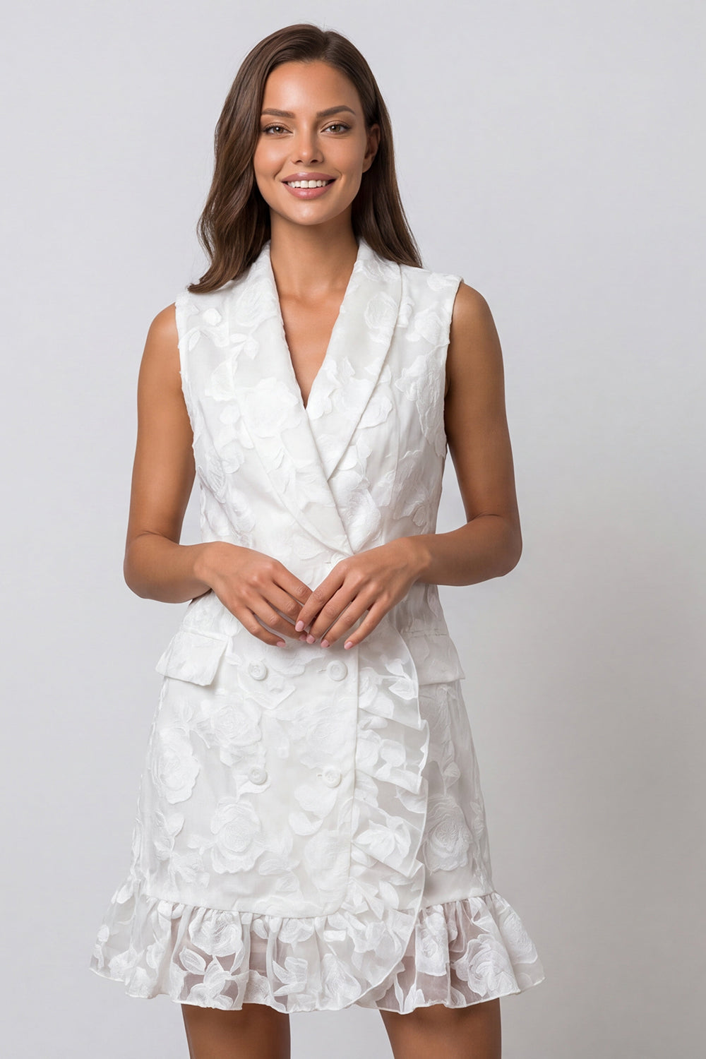 Floral Ivory Ruffled Double Breasted Shawl Lapel Short Work Dress