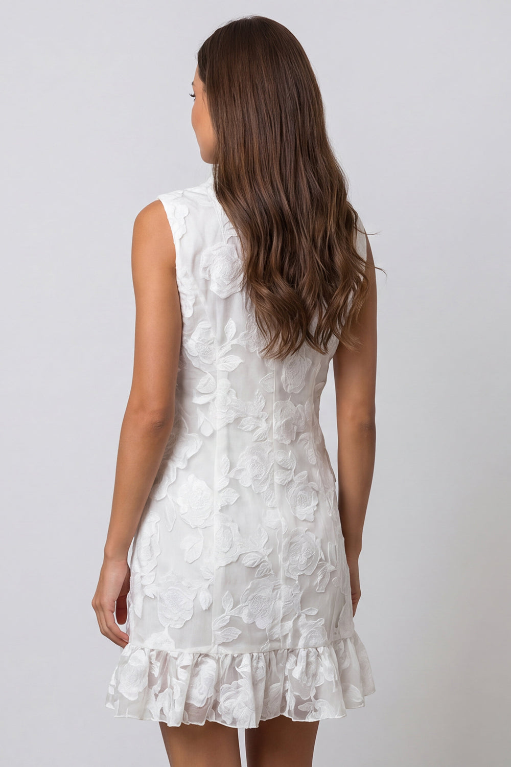 Floral Ivory Ruffled Double Breasted Shawl Lapel Short Work Dress