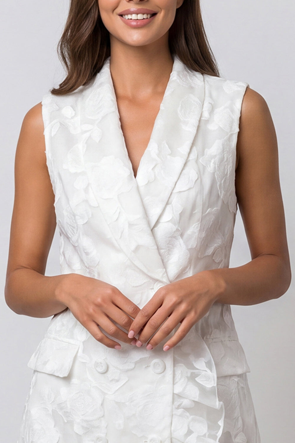 Floral Ivory Ruffled Double Breasted Shawl Lapel Short Work Dress