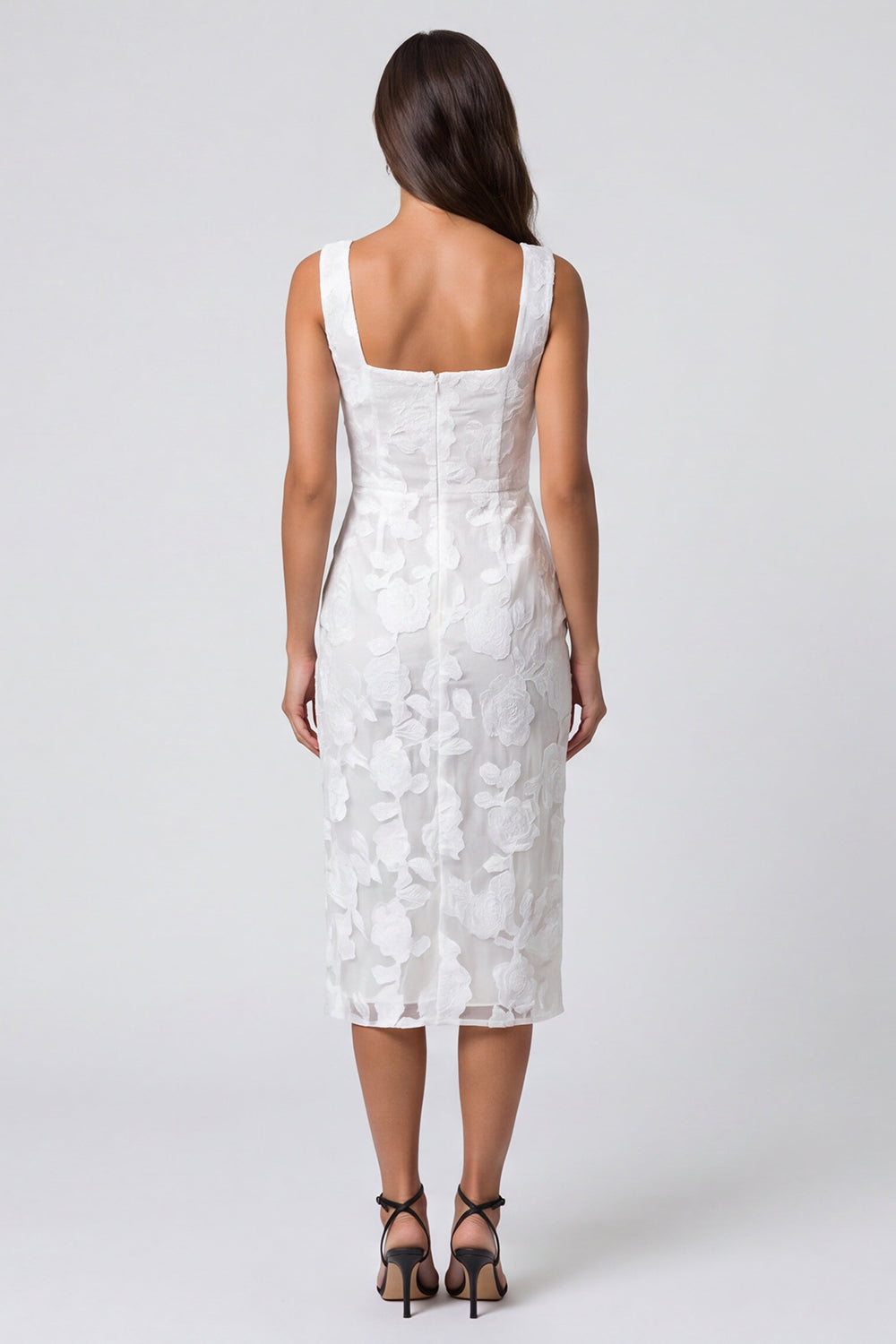 Ivory Square Neck Floral Lace Bodycon Midi Work Dress with Slit
