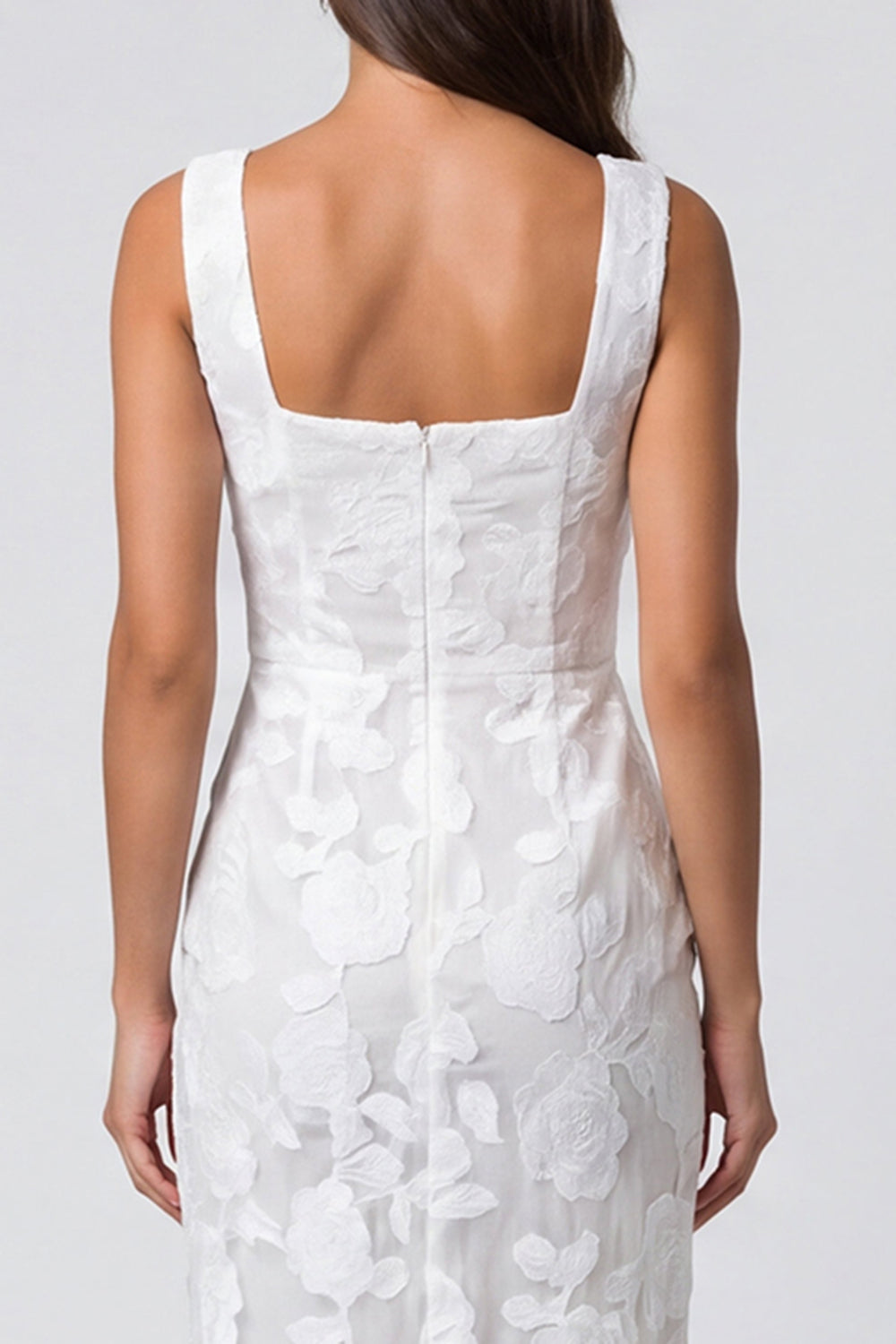 Ivory Square Neck Floral Lace Bodycon Midi Work Dress with Slit