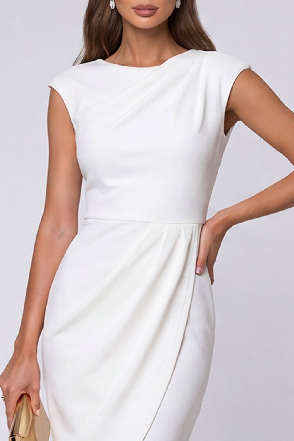 Ivory Pencil Boat Neck Ruched Cap Sleeves Midi Work Dress