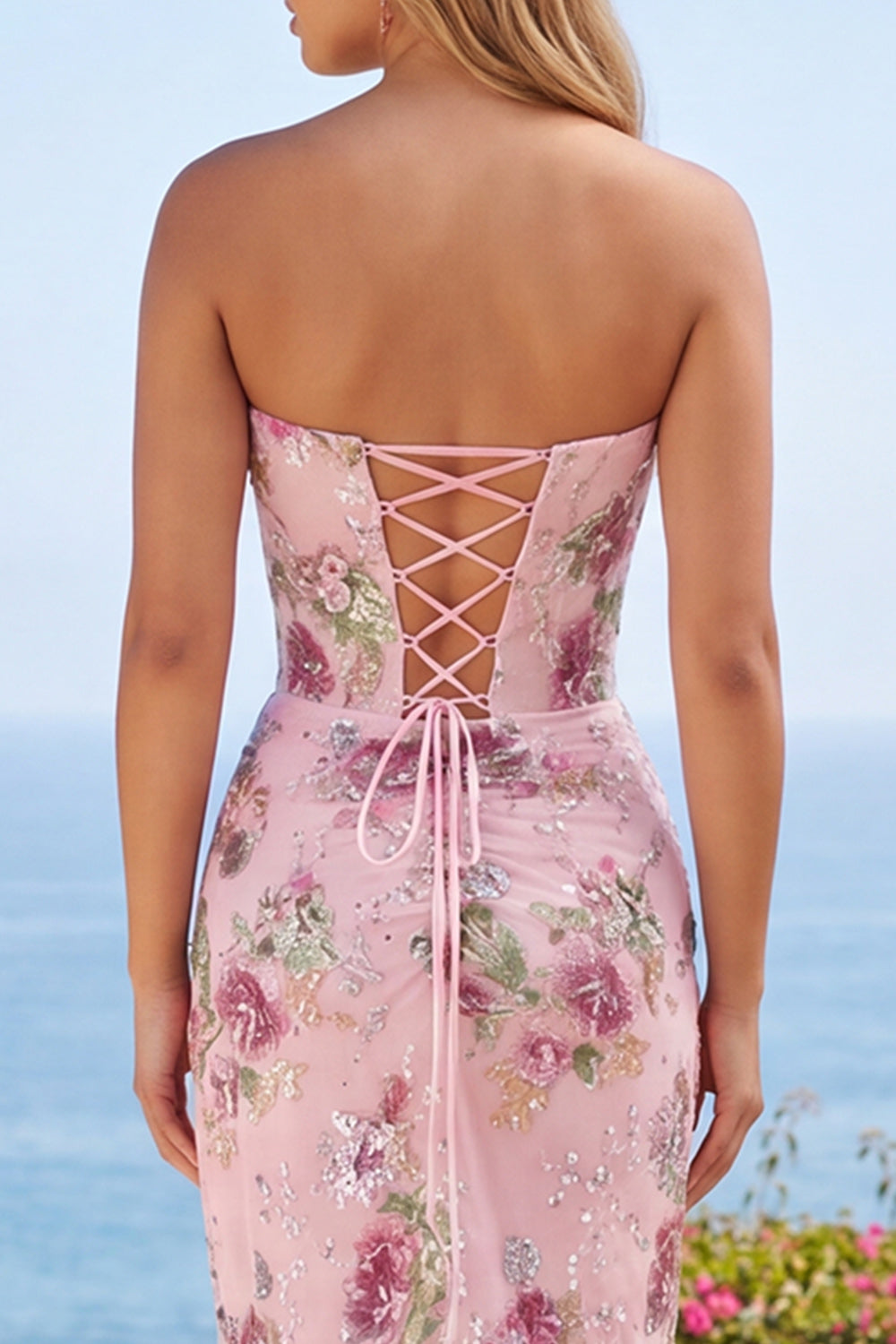 Floral Pink Corset Bodycon Sparkly Ruched Sequins Short Homecoming Dress with Slit