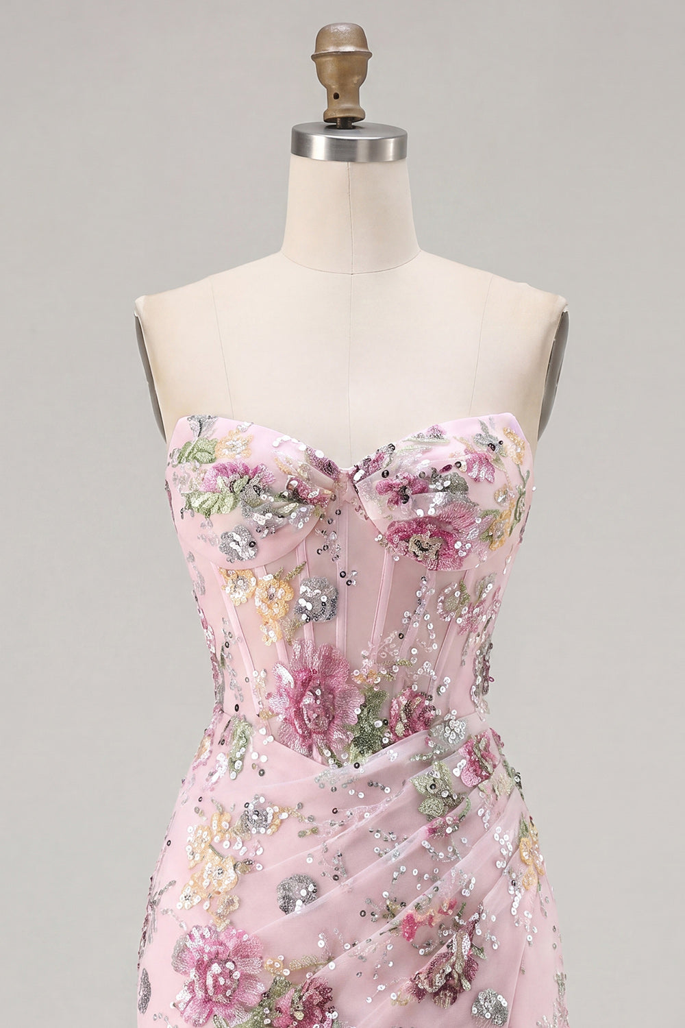 Floral Pink Corset Bodycon Sparkly Ruched Sequins Short Homecoming Dress with Slit