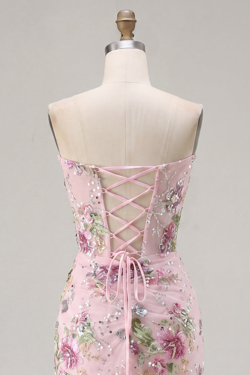 Floral Pink Corset Bodycon Sparkly Ruched Sequins Short Homecoming Dress with Slit