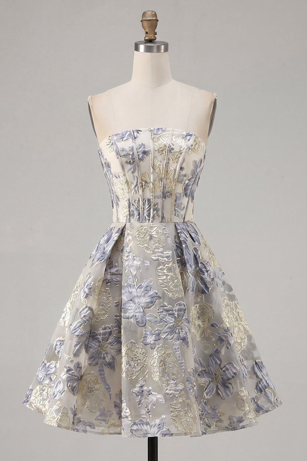 Dusty Blue Corset A Line Floral Jacquard Strapless Short Homecoming Dress