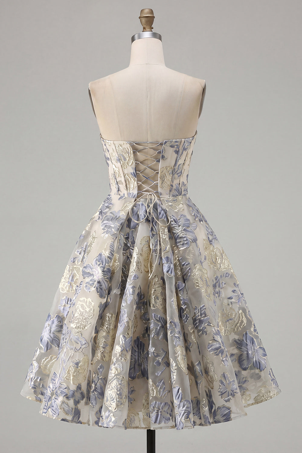 Dusty Blue Corset A Line Floral Jacquard Strapless Short Homecoming Dress