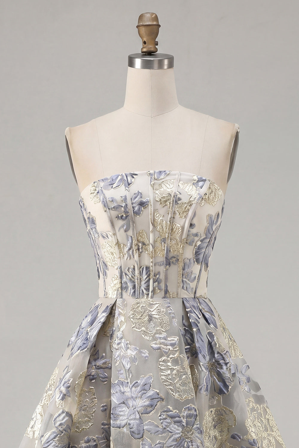 Dusty Blue Corset A Line Floral Jacquard Strapless Short Homecoming Dress