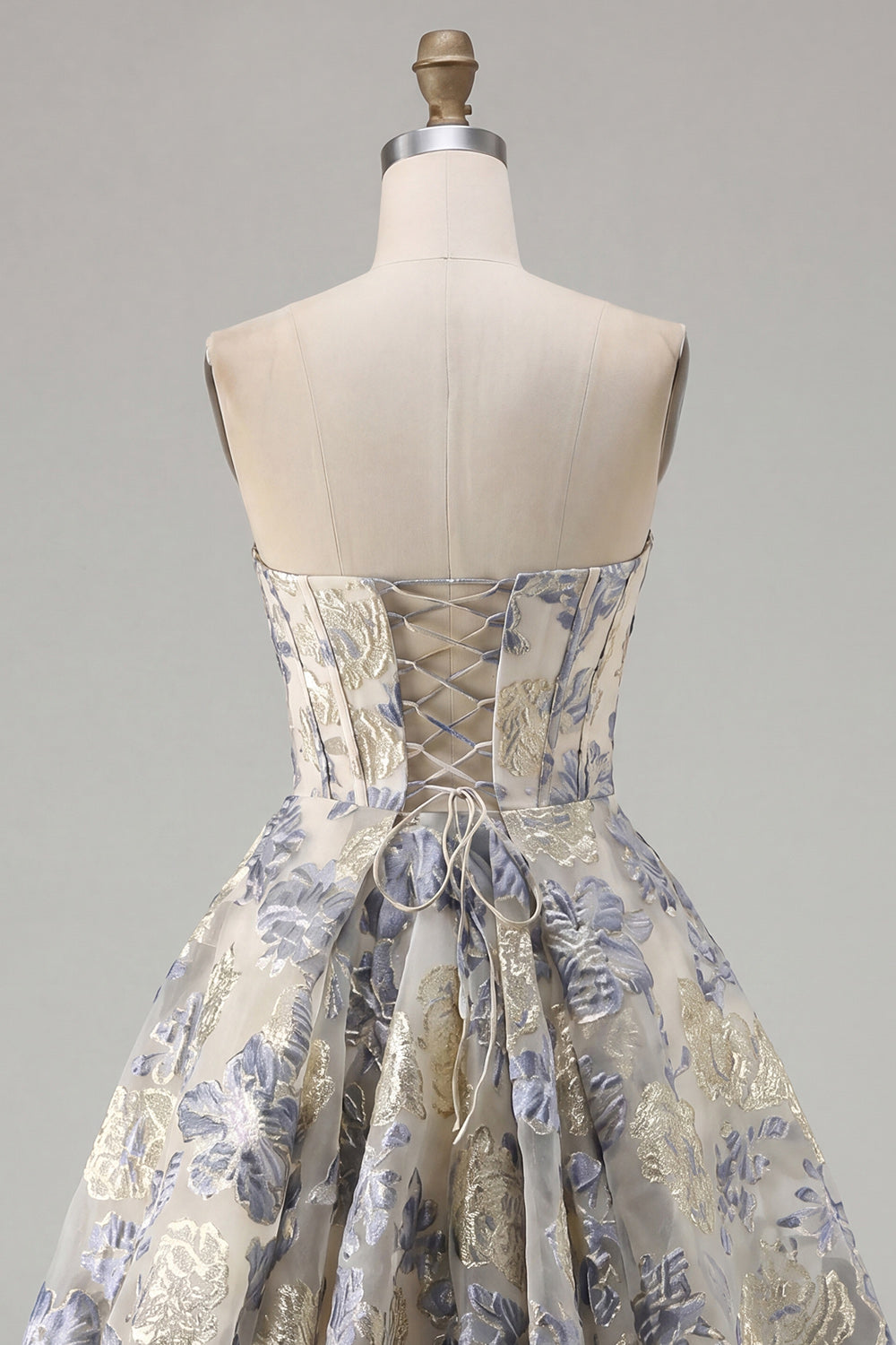 Dusty Blue Corset A Line Floral Jacquard Strapless Short Homecoming Dress