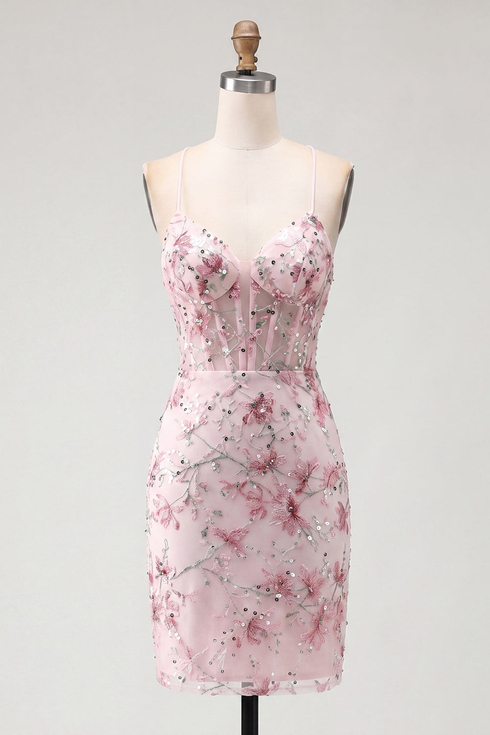 Sparkly Pink Corset Floral Bodycon Spaghetti Straps Short Homecoming Dress