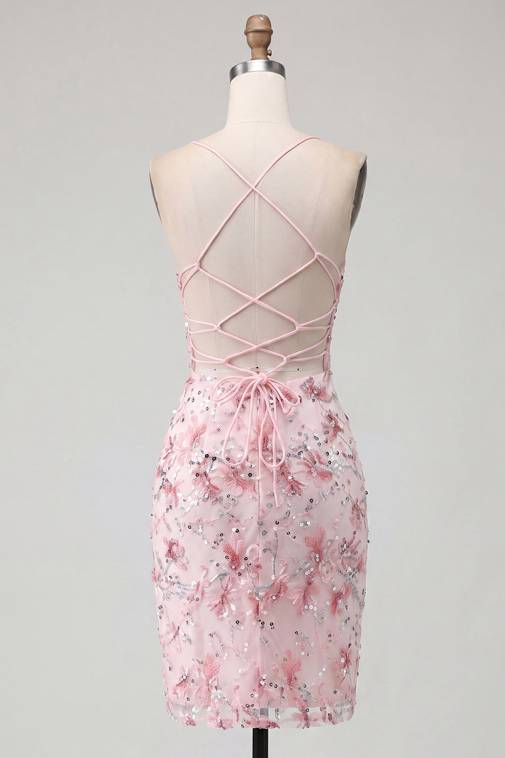 Sparkly Pink Corset Floral Bodycon Spaghetti Straps Short Homecoming Dress